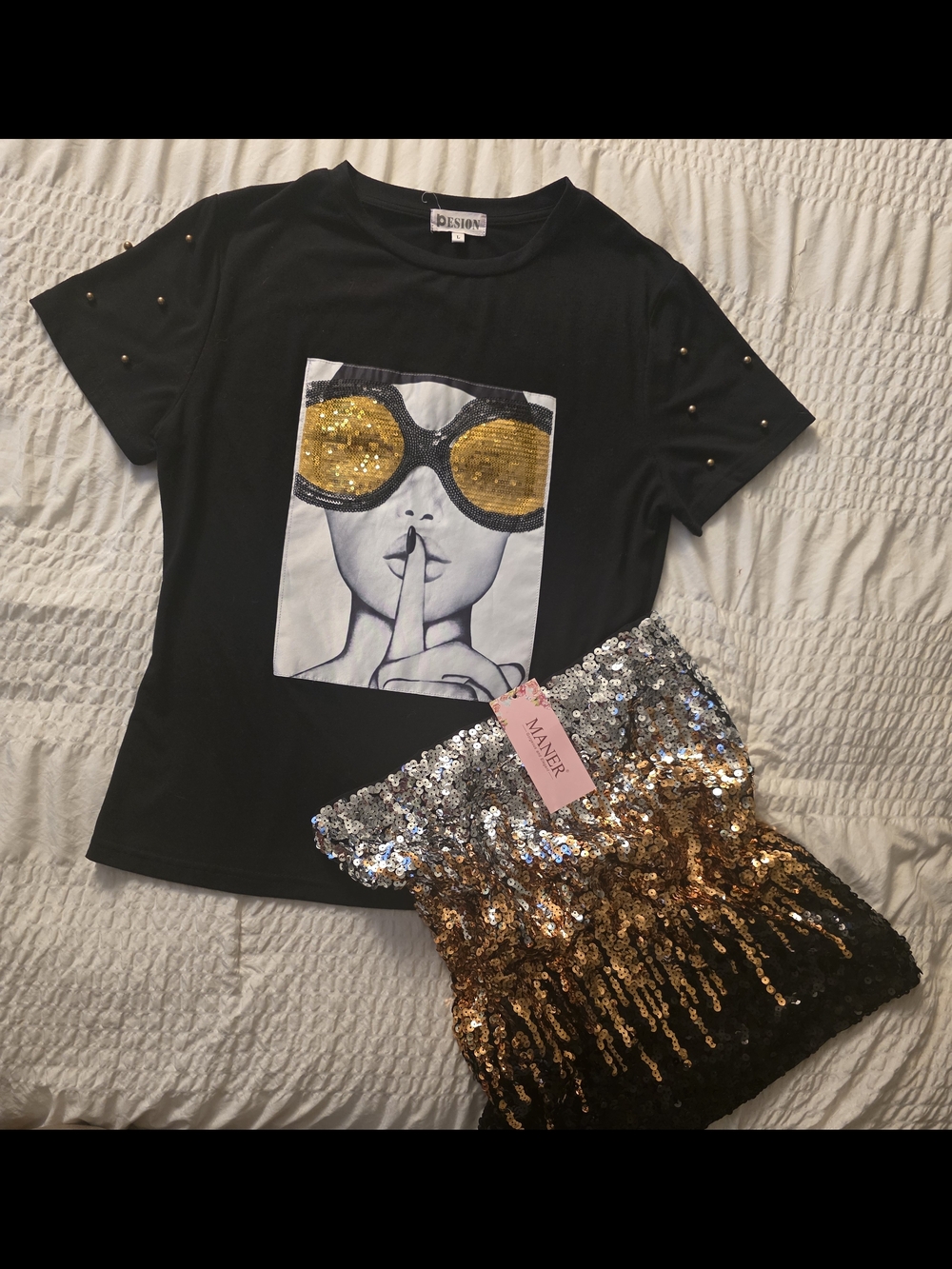 BRAND NEW SKIRT & Matching Graphic Tee with Gold Sequin Sunglasses
